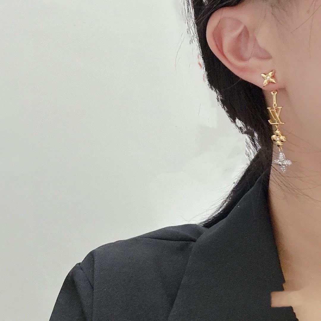 Louis Vuitton Gold Tone Earrings with Monogram and Crystal Flower